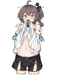  1girl absurdres ahoge belt_buckle black_shorts blush brown_hair buckle clothing_cutout commentary cosplay covering_mouth embarrassed eyebrows_visible_through_hair green_eyes green_panties hair_tie heart highres hololive key legs looking_at_viewer natsuiro_matsuri navel panties shirakami_fubuki shirakami_fubuki_(cosplay) shirt short_hair shorts shoulder_cutout sleeveless sleeveless_shirt solo suzu_coconatu underwear 