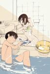  1boy 1girl absurdres aircraft airplane bath bathing bathtub black_hair breasts brother_and_sister completely_nude grey_eyes highres indoors knees_up long_hair nipples nude original partially_submerged popotan_(artist) short_hair siblings small_breasts soap_bubbles tile_wall tiles washing 