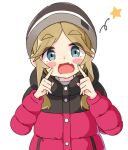  1girl :d bangs beanie black_headwear blue_eyes blush_stickers brown_hair commentary_request down_jacket fang fingers_to_cheeks hat inuyama_akari jacket kapuru_0410 long_hair looking_at_viewer parted_bangs red_jacket short_eyebrows simple_background smile solo star_(symbol) thick_eyebrows upper_body white_background yurucamp 