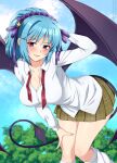  1girl :d arm_behind_head blue_hair blue_sky blush breasts cloud commentary day demon_girl demon_tail demon_wings english_commentary frilled_hairband frills hairband highres kurono_kurumu large_breasts leaning_forward leg_warmers lindaroze long_hair looking_at_viewer medium_hair neck_ribbon open_mouth outdoors partially_unbuttoned pleated_skirt purple_eyes red_ribbon ribbon rosario+vampire shirt skirt sky smile solo tail undone_neck_ribbon white_shirt wings 