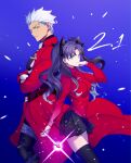  1boy 1girl archer_(fate) black_hair black_legwear blue_eyes dark-skinned_male dark_skin emya fate/stay_night fate_(series) hair_ribbon highres long_hair long_sleeves ribbon skirt thighhighs tohsaka_rin twintails two_side_up white_hair 