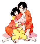  1boy 1girl black_hair drooling e-0057 hand_on_own_face hoozuki_(hoozuki_no_reitetsu) hoozuki_no_reitetsu horns hug messy_hair on_lap oni_horns pajamas peach_maki sleeping stuffed_toy 