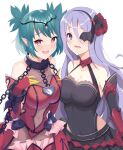  2girls absurdres bangs bare_shoulders breasts chain character_request claws cleavage clothing_cutout collar commentary commission copyright_request cosplay costume_switch covered_navel english_commentary eyebrows_visible_through_hair eyepatch green_hair hair_between_eyes heart heart-shaped_pupils highres hzhc indie_virtual_youtuber large_breasts medium_breasts multiple_girls navel_cutout open_mouth pointy_ears purple_eyes purple_hair red_eyes second-party_source short_twintails symbol-shaped_pupils twintails virtual_youtuber 