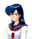  1990s_(style) 1992 asou_yuuko bangs blue_eyes blue_hair company_name copyright long_hair long_sleeves looking_at_viewer mugen_senshi_valis neckerchief non-web_source official_art retro_artstyle school_uniform serafuku simple_background upper_body valis white_background 