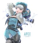  1girl apex_legends apron bangs beret black_jacket blue_bodysuit blue_gloves blue_headwear blue_nails bodysuit bracelet breasts copyright_name electricity eyebrows_visible_through_hair gloves hat haute_drop_wattson hood hooded_jacket jacket jewelry logo medium_breasts official_alternate_costume shimijimi silver_hair smile solo wattson_(apex_legends) white_background 