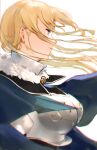  1girl absurdres armor black_clover blonde_hair blue_eyes braid breastplate breasts brooch charlotte_roselei closed_mouth eyelashes from_side fur_trim hair_over_face highres jewelry large_breasts long_hair looking_away neekochanii profile side_braid simple_background solo upper_body white_background wind 