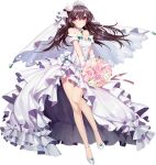  1girl anklet bare_shoulders bear_hair_ornament black_hair blush bouquet bridal_veil closed_mouth detached_sleeves diadem dress floating_hair flower full_body gloves hair_between_eyes hair_ornament high_heels iron_saga jewelry long_hair looking_at_viewer necklace official_art red_eyes short_sleeves solo standing su_rui_(iron_saga) su_rui_(iron_saga)_(bride) transparent_background veil wedding_dress white_dress white_gloves zjsstc 