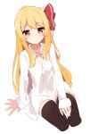  1girl absurdres alternate_hair_length alternate_hairstyle black_legwear blonde_hair blush bow closed_mouth cropped_legs dress_shirt expressionless hair_bow highres iroha_(pcrx7327) long_hair long_sleeves looking_at_viewer red_bow red_eyes rumia shirt simple_background sitting solo thighhighs touhou very_long_hair white_background white_shirt 