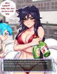  2girls ahri_(league_of_legends) alternate_costume animal_ears bare_shoulders bikini black_hair blue_eyes blue_hair blushy-pixy breasts cleavage collarbone drill_hair facial_mark fox_ears fox_girl fox_tail gwen_(league_of_legends) highres large_breasts league_of_legends long_hair looking_at_viewer multiple_girls pout speech_bubble swimsuit tail twintails vastaya watermark whisker_markings yellow_eyes 