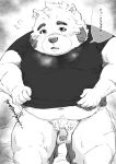  2022 anthro balls belly big_belly blush clothing flaccid genitals hi_res humanoid_genitalia humanoid_hands humanoid_penis japanese_text kemono male mammal navel overweight overweight_male penis pubes shintatokoro shirt solo text topwear ursid 