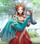  2girls absurdres aoshiseven au_ra blue_hair blush bouquet bridal_veil bride carrying dress final_fantasy final_fantasy_xiv flower hair_flower hair_ornament highres jewelry kalandria_karinael looking_at_viewer married miqo&#039;te multiple_girls outdoors petals princess_carry red_eyes ring smile tree veil vivian_yorshka wedding wedding_dress wedding_ring yellow_eyes 