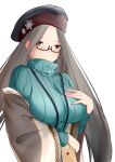  1girl absurdres aqua_sweater azur_lane black_headwear breasts glasses hand_on_own_chest highres holding holding_letter lanyard large_breasts letter long_hair looking_at_viewer official_alternate_costume ribbed_sweater rori_railfans semi-rimless_eyewear shangri-la_(azur_lane) shangri-la_(utopia&#039;s_collector)_(azur_lane) shawl simple_background snowflake_pin solo sweater turtleneck turtleneck_sweater upper_body very_long_hair white_background 