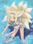  1girl ;d animal_ears arknights bangs bare_shoulders bikini blonde_hair blue_bikini blue_hairband brown_eyes commentary_request eyebrows_visible_through_hair fox_ears fox_girl fox_tail frilled_bikini frills hair_between_eyes hairband highres kyuubi leaning_forward looking_at_viewer multicolored_hair multiple_tails off-shoulder_bikini off_shoulder one_eye_closed smile solo splashing standing suzuran_(arknights) swimsuit tail two-tone_hair wading waichi water white_hair 