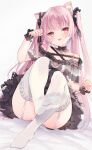 1girl :d animal_ear_fluff animal_ears bangs black_dress black_ribbon blush cat_ears dress ear_piercing earrings extra_ears eyebrows_visible_through_hair feet foot_focus foot_up frilled_dress frills garter_straps hair_ornament hair_ribbon hololive jewelry long_hair looking_at_viewer muzin_chan no_shoes open_mouth paw_pose piercing pink_hair red_eyes ribbon short_dress short_sleeves skull_earrings smile solo thighhighs twitter_username two_side_up uruha_rushia very_long_hair virtual_youtuber white_background white_legwear wrist_cuffs 