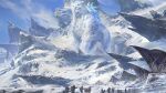  6+others absurdres animal animal_focus blue_sky day fangs from_behind highres holding ice mountain multiple_others original outdoors oversized_animal people sky smilodon snow standing teeth tiger walking white_tiger wutu_(1183238220) 