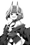 1girl absurdres bangs bare_shoulders blunt_bangs blush bob_cut breasts collarbone commentary cowboy_shot eyebrows_visible_through_hair fangs fate/grand_order fate_(series) greyscale haembokeyo hair_ornament happy highres horns japanese_clothes kimono light_blush long_sleeves looking_to_the_side monochrome navel obi off_shoulder oni_horns open_mouth panties revealing_clothes sash shiny shiny_hair short_hair shuten_douji_(fate) sidelocks simple_background small_breasts smile solo standing teeth underwear white_background 