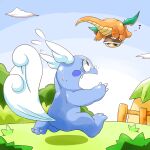  ambiguous_gender anthro blush dragon dragonite duo embarrassed female flying holding_object kinakomochi looking_up musical_note nintendo pok&eacute;mon pok&eacute;mon_(species) reptile running scalie shell shell-less turtle video_games wartortle 