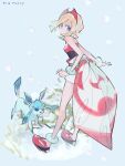  1girl anklet bangs blonde_hair blue_eyes bracelet character_name commentary_request eyelashes glaceon grey_background hairband highres irida_(pokemon) jewelry looking_at_viewer medium_hair pokemon pokemon_(creature) pokemon_(game) pokemon_legends:_arceus puriko_(mettyaunk) red_footwear red_hairband red_shirt sash shirt shoes shorts snow snowing waist_cape white_shorts 