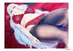  1girl absurdres artist_name azur_lane border bra breasts breasts_apart clothes_pull fine_fabric_emphasis graf_zeppelin_(azur_lane) hair_between_eyes highres iron_blood_(emblem) lace lace_bra lace_panties large_breasts lips long_hair looking_at_viewer lying on_back panties pantyhose pantyhose_pull pillow red_bra red_eyes red_panties solo topless underwear very_long_hair white_border white_hair yuki1977 