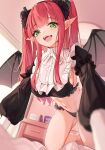  1girl absurdres all_fours bangs black_horns black_panties black_wings blunt_bangs blush breasts cosplay demon_girl demon_horns demon_tail demon_wings eyebrows_visible_through_hair fake_horns fake_wings fangs frilled_panties frilled_shirt frills green_eyes hanging_breasts highres horns kitagawa_marin large_breasts long_hair long_pointy_ears long_sleeves looking_at_viewer navel open_mouth panties pointy_ears puffy_sleeves qianze_chia red_hair revealing_clothes rizu-kyun shirt sidelocks smile solo sono_bisque_doll_wa_koi_wo_suru tail two_side_up underwear wings 
