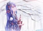  1girl bangs blue_hair blush breasts commentary_request demon_horns eyebrows_visible_through_hair hair_ornament highres horns japanese_clothes kimono long_hair looking_up official_alternate_costume outdoors princess_connect! rei_(princess_connect!) snowing solo yonji_jukugo 