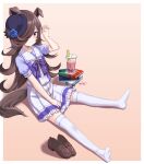  1girl animal_ears arm_up bangs black_headwear blue_flower blue_rose blush book book_stack bow brown_background brown_footwear brown_hair bubble_tea closed_mouth coma_(light825) drinking_straw ears_down eyebrows_visible_through_hair flower frilled_skirt frills full_body hair_over_one_eye hat hat_flower highres horse_ears horse_girl horse_tail loafers long_hair looking_at_viewer petals pleated_skirt puffy_short_sleeves puffy_sleeves purple_bow purple_eyes purple_shirt rice_shower_(umamusume) rose school_uniform shadow shirt shoes shoes_removed short_sleeves sitting skirt soles solo tail thighhighs tilted_headwear tracen_school_uniform two-tone_background umamusume very_long_hair white_background white_legwear white_skirt 
