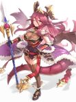  1girl absurdres armor breasts cleavage dragalia_lost dragon dragon_girl dragon_horns dragon_tail gonzarez high_heels highres holding holding_weapon horns lance large_breasts mym_(dragalia_lost) polearm red_hair simple_background solo tail weapon white_background yellow_eyes 