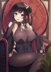  1girl azur_lane bare_shoulders black_dress black_flower black_hair black_rose bodystocking breasts brown_gloves chair chen_hai_(azur_lane) chen_hai_(vestibule_of_wonders)_(azur_lane) china_dress chinese_clothes cleavage cleavage_cutout clothing_cutout dress elbow_gloves eyebrows_visible_through_hair flower gloves highres indoors itaba_atsushi lace-trimmed_gloves lace_trim large_breasts official_alternate_costume pelvic_curtain purple_eyes rose sitting sleeveless sleeveless_dress solo taut_clothes taut_dress 
