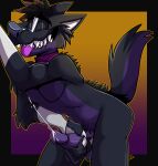  anthro black_body black_fur bodily_fluids canid canine canis claws collar cum erection eyes_closed fatalsyndrome fur genital_fluids genitals hair hi_res jackal male mammal masturbation mishy multicolored_body multicolored_fur nude penis purple_body purple_fur simple_background smile solo teeth tongue white_body white_fur wolf 