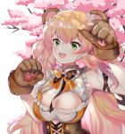 1girl :d animal_ears animal_hands arm_up bangs bare_shoulders bear_ears blonde_hair branch breasts brown_gloves commentary_request eyebrows_visible_through_hair fang flower gloves green_eyes hair_between_eyes hair_flower hair_ornament hololive looking_at_viewer lunacats medium_breasts momosuzu_nene paw_gloves pink_flower shirt sleeveless sleeveless_shirt smile solo twitter_username virtual_youtuber white_background white_flower white_shirt 