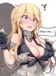  1girl absurdres artist_name baileys_(tranquillity650) blonde_hair blue_eyes blush breasts cleavage english_text eyebrows_visible_through_hair front-tie_top hair_between_eyes highres iowa_(kancolle) kantai_collection large_breasts long_hair motion_lines open_mouth signature simple_background solo_focus speech_bubble star-shaped_pupils star_(symbol) symbol-shaped_pupils twitter_username upper_body white_background 