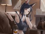  1girl :d alcohol animal_ears arknights bangs bare_arms bare_shoulders black_hair black_panties blush bottle breasts bright_pupils brown_eyes brown_gloves camisole cleavage collar collarbone covered_nipples cup dobermann_(arknights) dog_ears gloves grin hand_on_own_cheek hand_on_own_face holding holding_cup ice ice_cube indoors lamp large_breasts long_hair looking_at_viewer mole mole_under_eye navel oripathy_lesion_(arknights) panties parted_bangs parted_lips rhodes_island_logo sama_(sama24654684) see-through sitting smile solo sparkle spiked_collar spikes strap_slip table teeth thong underwear underwear_only whiskey 