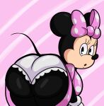  2022 accessory anthro bent_over big_breasts big_butt big_ears black_body black_fur bloomers bottomwear breasts butt clothing curvy_figure digital_media_(artwork) disney dress eyelashes female fur gloves hair_accessory hair_bow hair_ribbon handwear hi_res looking_at_viewer looking_back mammal minnie_mouse mouse multicolored_body multicolored_fur murid murine pink_background rear_view ribbons rodent simple_background simple_eyes solo someth1ngoranother tan_body tan_fur thick_thighs two_tone_body two_tone_fur underwear voluptuous wide_hips 