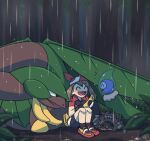  1girl banana bandana castform castform_(rainy) food fruit gloves happy highres may_(pokemon) mutou610 outdoors pokemon pokemon_(creature) pokemon_(game) pokemon_rse rain sitting sleeping tropius zigzagoon 