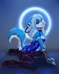  anthro blue_body blue_fur breasts bunny_costume clothed clothing collar costume digital_media_(artwork) female fur glistening glistening_clothing hair hi_res lagomorph legwear leporid mammal neon_lights orca24a pheeni portrait rabbit simple_background smile solo stockings 