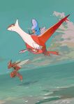  absurdres claws cloud day flying from_side highres latias lying mudkip no_humans on_stomach outdoors pokemon pokemon_(creature) riding riding_pokemon scizor sky two_pokemon water yellow_eyes 
