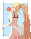  1girl ass balloon blonde_hair blowing blue_eyes commentary_request competition_swimsuit cowboy_shot drill_bulbul eyewear_removed fate/grand_order fate_(series) holding holding_balloon jeanne_d&#039;arc_(fate) jeanne_d&#039;arc_(swimsuit_archer)_(fate) looking_at_viewer looking_back one-piece_swimsuit ponytail solo swimsuit white_swimsuit 