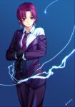  1girl aona_(anagasaki) bangs bazett_fraga_mcremitz black_gloves breasts collared_shirt dress_shirt earrings electricity fate/hollow_ataraxia fate_(series) formal gloves highres jewelry large_breasts long_sleeves looking_at_viewer mole mole_under_eye necktie pants parted_bangs purple_necktie purple_pants purple_suit red_eyes red_hair shirt short_hair solo suit white_shirt 
