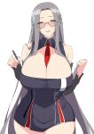  1girl alternate_breast_size azur_lane between_breasts black_dress blush breasts cleavage collared_dress curvy dress gigantic_breasts grey_hair hair_ornament highres holding holding_pen long_hair looking_at_viewer microdress necktie necktie_between_breasts ootori_subaru pen red_necktie semi-rimless_eyewear shangri-la_(azur_lane) simple_background snowflake_hair_ornament solo very_long_hair white_background yellow_eyes 