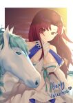  1girl absurdres bangs bare_shoulders bazett_fraga_mcremitz blush border breasts cleavage criss-cross_halter dress elbow_gloves fate/grand_order fate_(series) gloves gradient_sky halterneck highres horse large_breasts long_hair looking_at_viewer manannan_mac_lir_(fate) minako_larima mole mole_under_eye orange_sky parted_bangs red_eyes red_hair sky smile sunset white_border white_dress white_gloves 