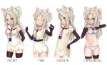  1girl american_flag_neckwear animal_ear_fluff animal_ears armpit_crease azur_lane bangs belt black_legwear blush bra breasts cat_ears clothes_lift commentary_request costume_chart covered_navel cowboy_shot dedorudy dress dress_lift elbow_gloves embarrassed english_text fingerless_gloves gloves green_eyes grin highres lifted_by_self looking_at_viewer navel necktie one_side_up panties parted_bangs sailor_collar see-through sidelocks silver_hair simple_background sims_(azur_lane) sleeveless sleeveless_dress small_breasts smile standing striped striped_bra striped_panties thigh_gap thighhighs underwear white_background white_dress 