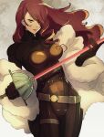  1girl artist_name bangs bodysuit breasts covered_navel drill_hair floating_hair fur_coat hair_over_one_eye highres holding holding_weapon kirijou_mitsuru large_breasts lips long_hair looking_at_viewer persona persona_3 persona_4:_the_ultimate_in_mayonaka_arena rapier red_eyes red_hair smile solo sparkle sword weapon yuenibushi 
