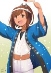  1girl alternate_costume arms_up brown_eyes brown_hair clothes_writing hair_ornament hand_fan happi headband i-401_(kancolle) japanese_clothes kantai_collection nao_(nao_eg) paper_fan ponytail short_hair smile solo sweat translation_request uchiwa upper_body 