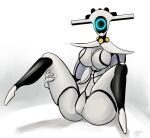  anthro artdemonslair breasts clothed clothing female genitals glowing glowing_eyes hi_res humanoid looking_at_viewer lying machine on_back pose presenting presenting_pussy pussy robot robot_humanoid simple_background solo spread_legs spreading thick_thighs 