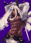  1boy abs arms_behind_back arms_up bare_pectorals belt black_gloves blue_eyes commentary_request cue_stick dark-skinned_male dark_skin gloves gradient gradient_background guilty_gear hair_over_one_eye highres kin_mokusei long_sleeves male_focus navel nipples pectorals purple_background shrug_(clothing) simple_background standing venom_(guilty_gear) white_hair 