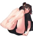 1girl animal_ears arknights arm_support bandaid bandaid_on_head bare_legs barefoot bear_ears black_hair black_jacket black_shorts blue_eyes blush closed_mouth crossed_bandaids eyebrows_visible_through_hair feet full_body highres jacket legs_up looking_at_viewer multicolored_hair open_clothes open_jacket panties pantyshot pink_panties red_hair red_shirt shirt short_sleeves shorts sitting solo streaked_hair thighs toenails toes two-tone_hair underwear upshorts yamauchi_(conan-comy) zima_(arknights) 