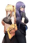  2girls ass bare_shoulders black_jacket black_pants black_shirt blonde_hair breasts closed_mouth commission cowboy_shot crop_top ddangbi earrings frown hair_bobbles hair_ornament highres hoop_earrings jacket jewelry large_breasts leggings long_hair long_sleeves looking_at_viewer looking_back midriff multiple_girls navel off_shoulder open_clothes open_jacket open_mouth original pants purple_hair raised_eyebrow red_eyes revealing_clothes sayuri_(k_pring) shirt short_sleeves simple_background sleeveless sleeveless_shirt stomach sweat taut_clothes taut_shirt twintails underboob very_long_hair yellow_jacket yuna_(biya_(1024)) 