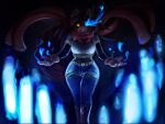  4:3 ailurid anthro belt bottomwear breasts clothing digital_media_(artwork) female general-irrelevant gloves glowing glowing_eyes handwear jenda_(jen-c) magic mammal red_panda red_scarf scarf shorts smile solo yellow_eyes 