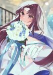  1girl absurdres bangs bare_shoulders bazett_fraga_mcremitz blush bouquet breasts bridal_veil cleavage criss-cross_halter dress elbow_gloves fate/grand_order fate_(series) flower gloves halterneck highres jewelry large_breasts long_hair looking_at_viewer manannan_mac_lir_(fate) misaki346 mole mole_under_eye parted_bangs red_eyes red_hair ring solo veil white_dress white_gloves 
