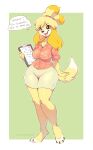  absurd_res animal_crossing bottomwear breasts canid canine canis clipboard clothing dialogue domestic_dog english_text female hi_res isabelle_(animal_crossing) mammal nintendo paper rainbowscreen shorts solo standing text video_games white_tipped_tail wide_hips 